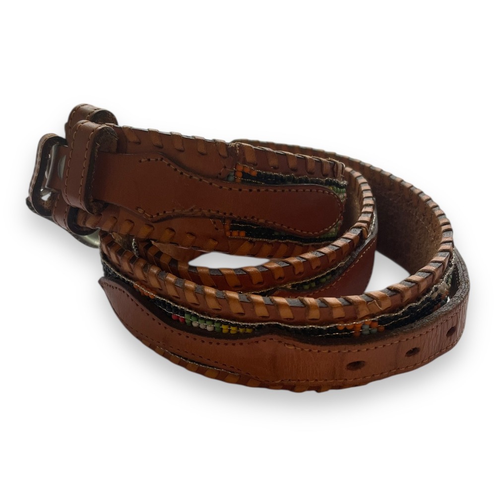 Southwestern Brown Leather Beaded Whipstitch Belt Silver Engraved Buckle Aztec - Picture 5 of 8